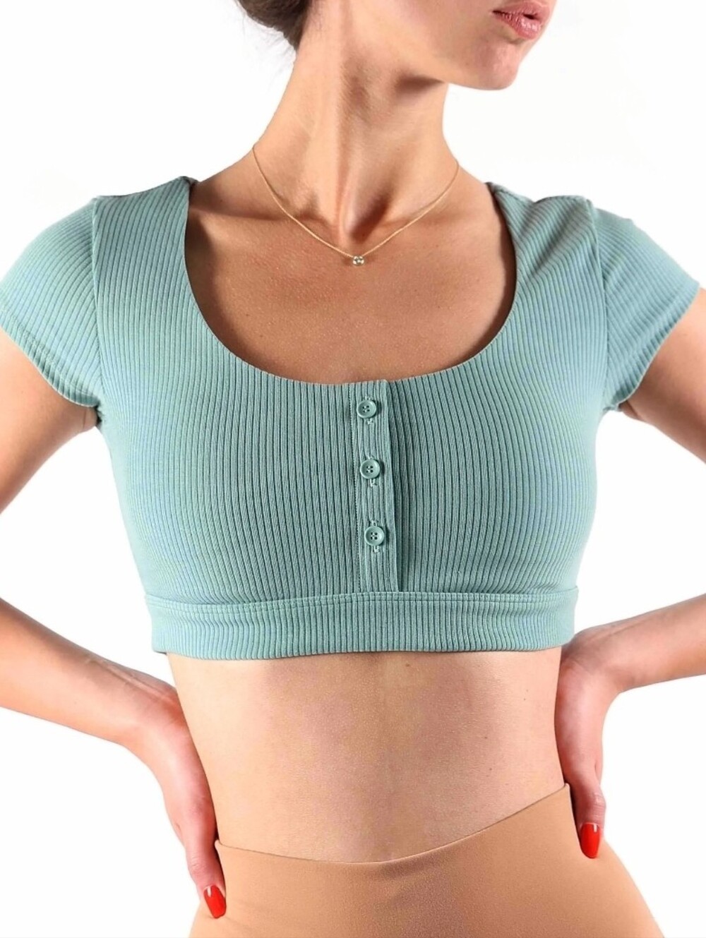 Alo Yoga Blissful Henley Bra Top Blue Haze Ribbed Crop Top Size Small